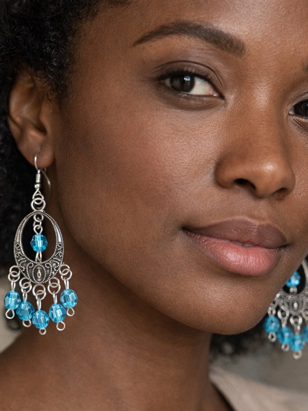 Hand Made Blue Beaded Silver-Tone Chandelier Earrings